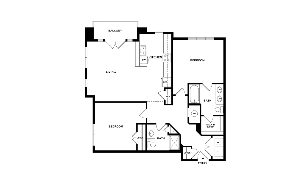 B1 - 2 bedroom floorplan layout with 2 bathrooms and 1132 square feet (2D)