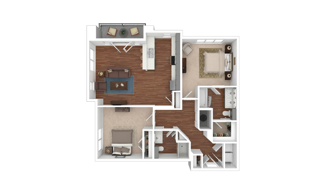 B1 - 2 bedroom floorplan layout with 2 bathrooms and 1132 square feet
