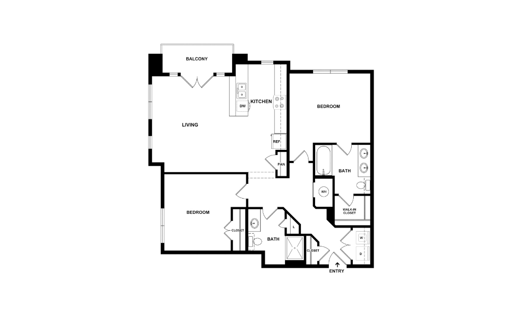 B2 - 2 bedroom floorplan layout with 2 bathrooms and 1147 square feet (2D)