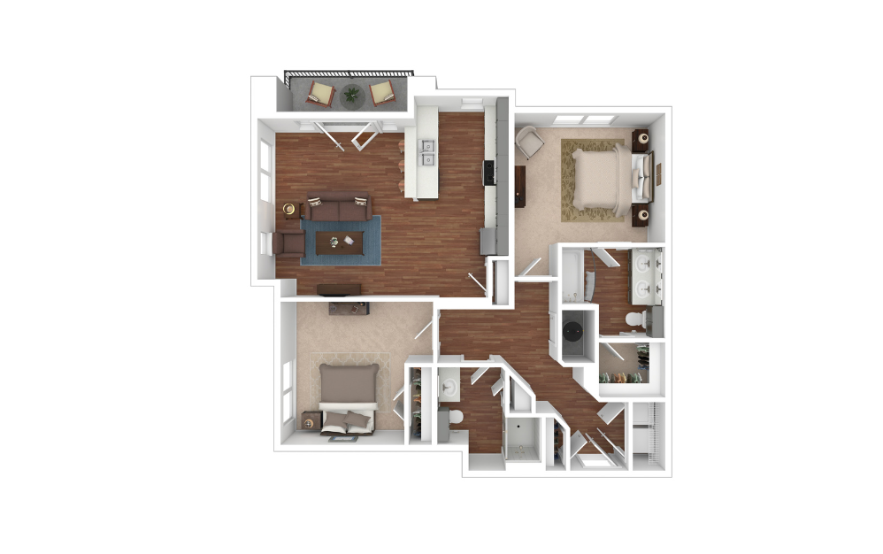 B2 - 2 bedroom floorplan layout with 2 bathrooms and 1147 square feet
