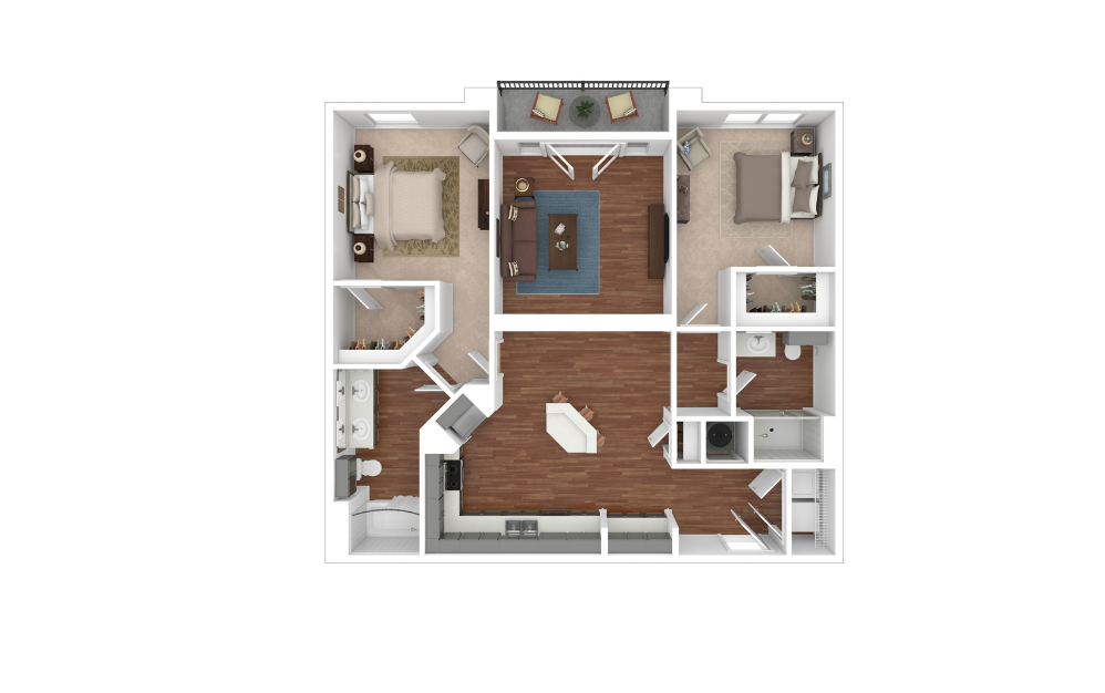 B3 - 2 bedroom floorplan layout with 2 bathrooms and 1147 square feet
