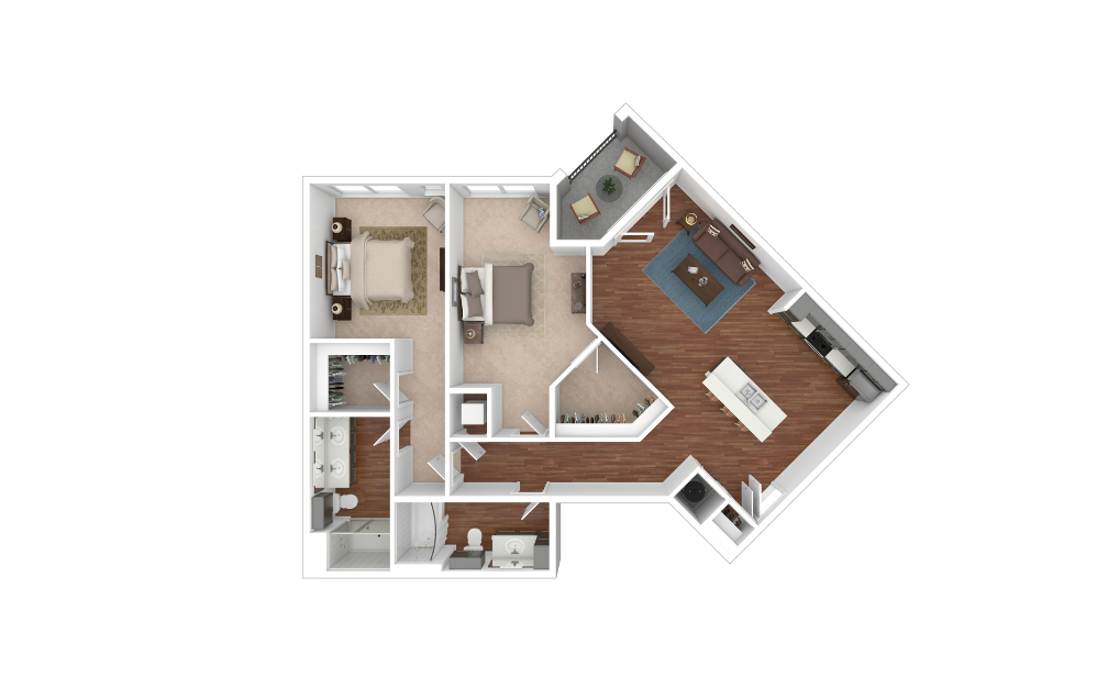 B5 - 2 bedroom floorplan layout with 2 bathrooms and 1257 square feet