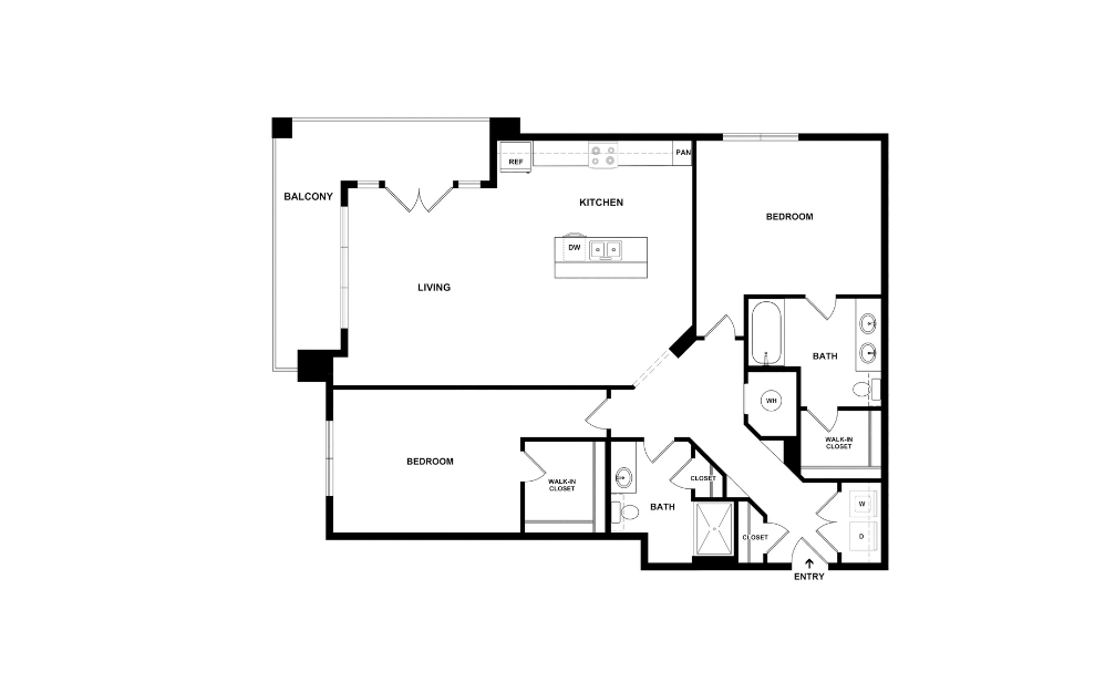 B6 - 2 bedroom floorplan layout with 2 bathrooms and 1327 square feet (2D)