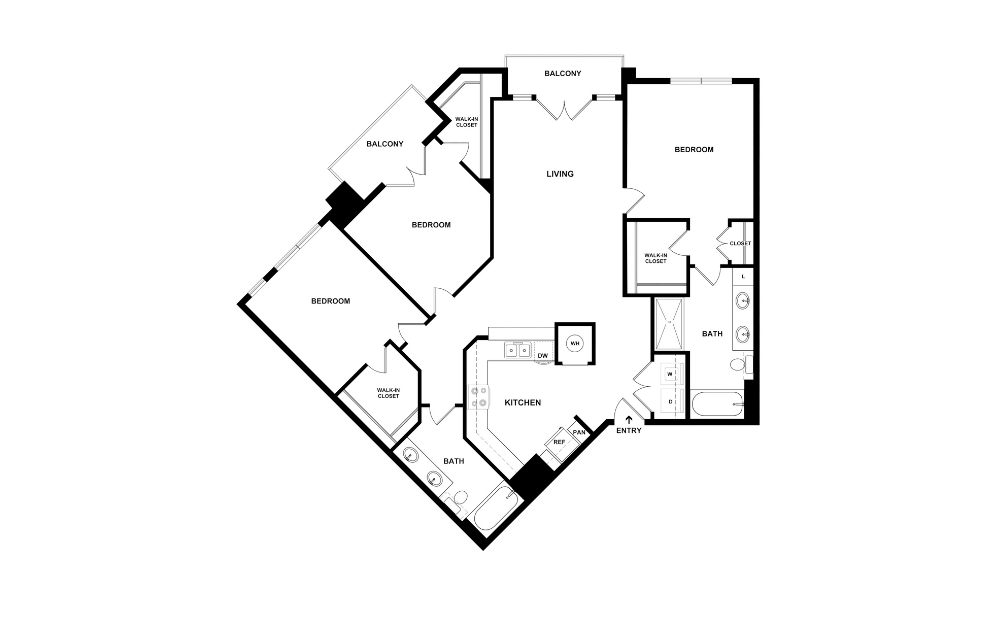 C1 - 3 bedroom floorplan layout with 2 bathrooms and 1450 square feet (2D)