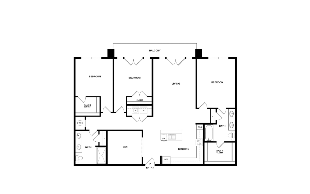 C2 - 3 bedroom floorplan layout with 2 bathrooms and 1628 square feet (2D)
