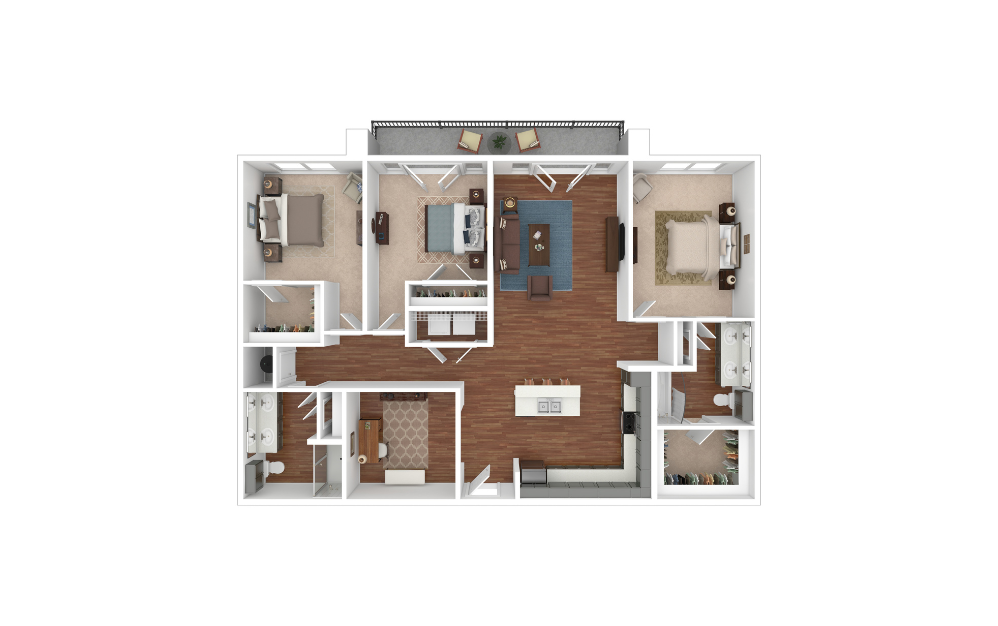 C2 - 3 bedroom floorplan layout with 2 bathrooms and 1628 square feet